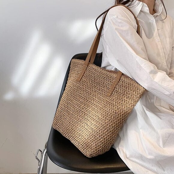 Straw Beach Tote Bag Women's Woven Straw Handbag Summer Shoulder Bag - Picture 7 of 7